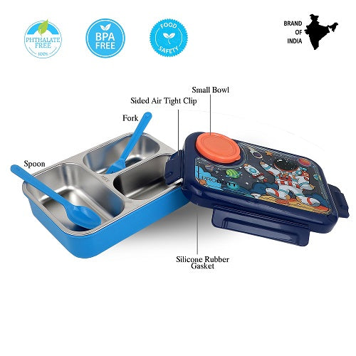 PROBOTT Fun Time 750ml Stainless Steel Lunch Box, 3 Grid with 80ml Bowl, 1 Spoon, 1 Fork Tiffin Box, Character Lid Made with Heavy Quality PP Material Perfect for School, Office Use | Dark Blue + Blue