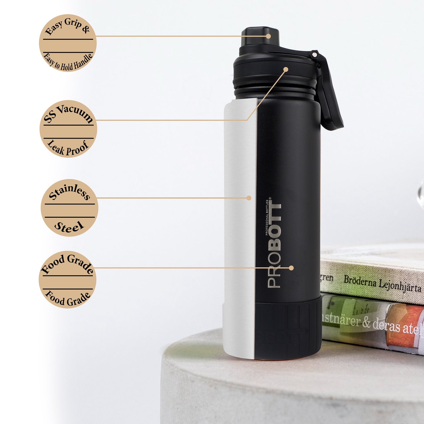 Probott Class 1000ml Thermoses Vacuum Insulated Flask Sipper Bottle, Stainless Steel Water Bottles, Black