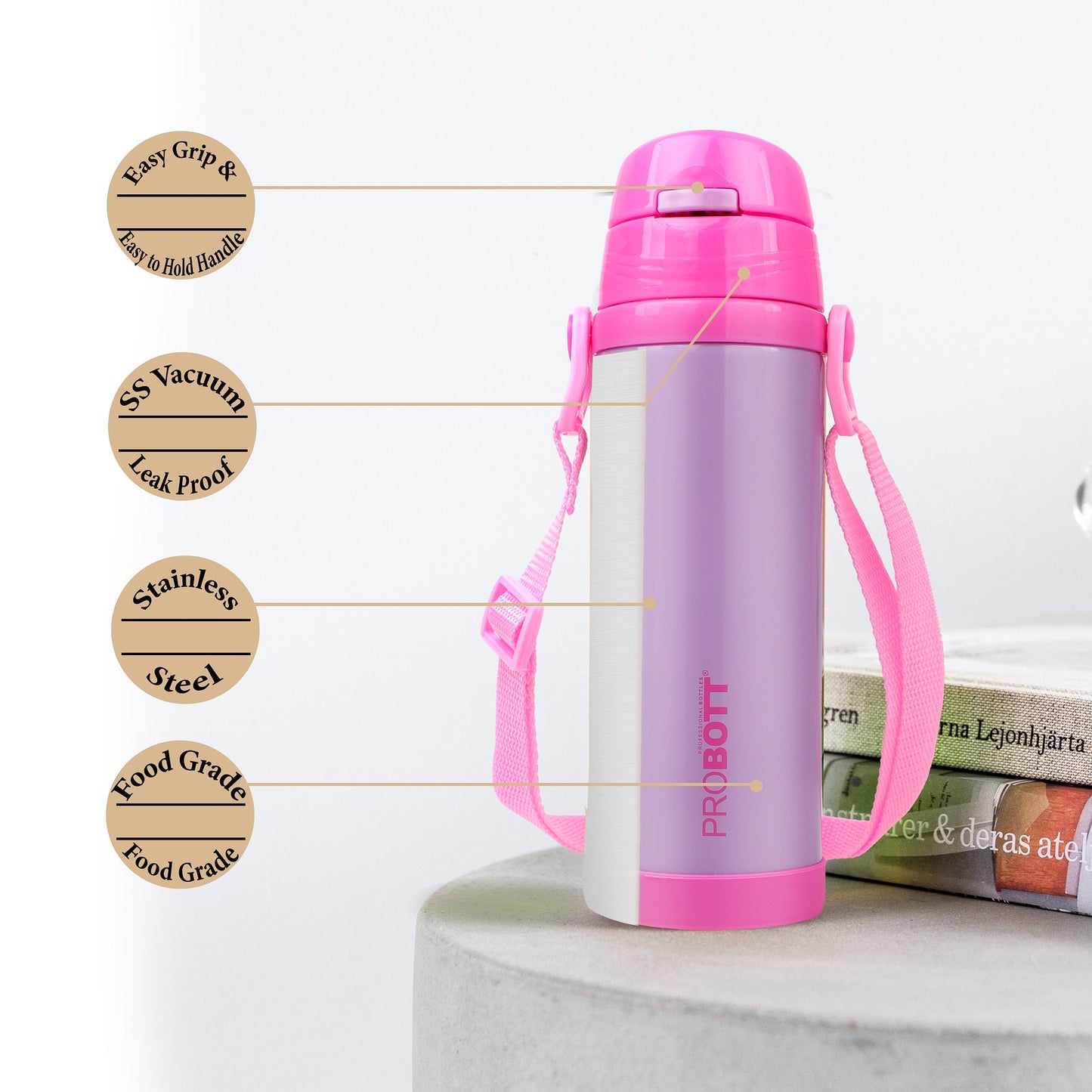Probott Tom 500ml Hot & Cold Vacuum Insulated Flask Sipper Bottle with Straw & Strap for Kids, Pink