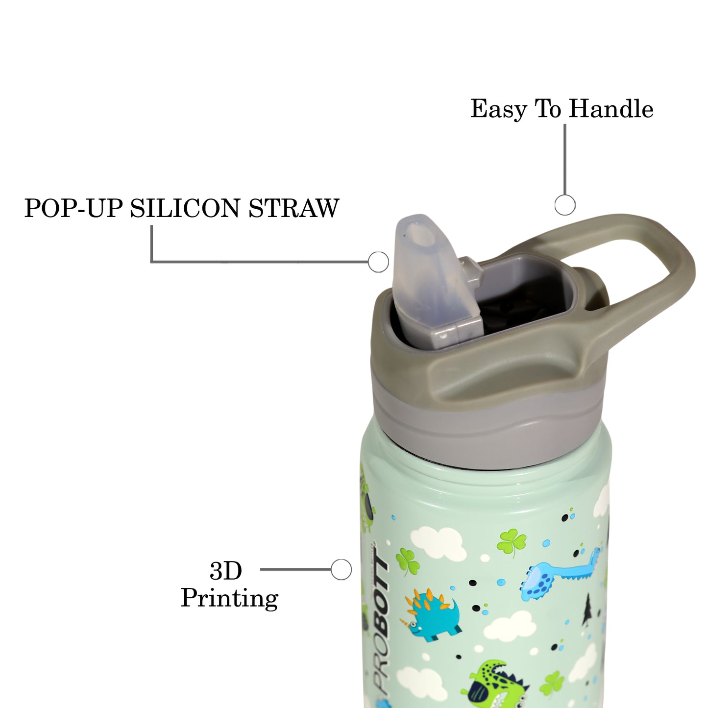 PROBOTT Space 360ml Stainless Steel Double Wall Vacuum Flask for 3-5 Yrs Kids | Hot and Cold Water Bottle with 3D Print, Green | Perfect for Toddlers | Leakproof