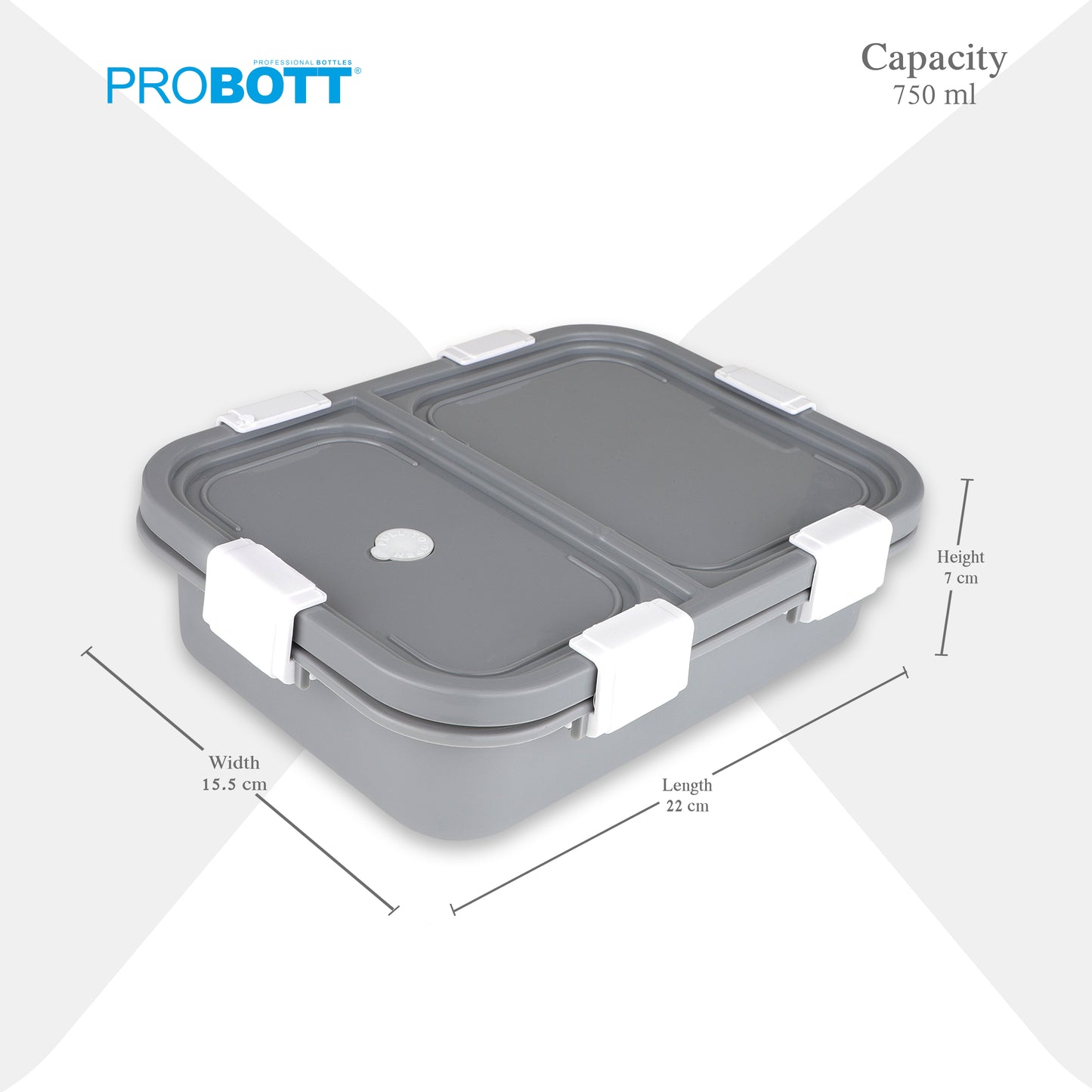 PROBOTT Snaplock 750 ml Stainless Steel Lunch Box, 2 Grid BPA Free Tiffin Box, Perfect for School, Office, Travel, Picnic | Grey