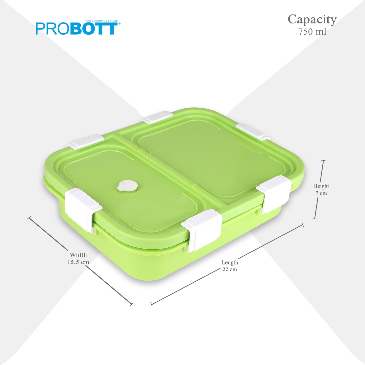 PROBOTT Snaplock 750 ml Stainless Steel Lunch Box, 2 Grid BPA Free Tiffin Box, Perfect for School, Office, Travel, Picnic | Green