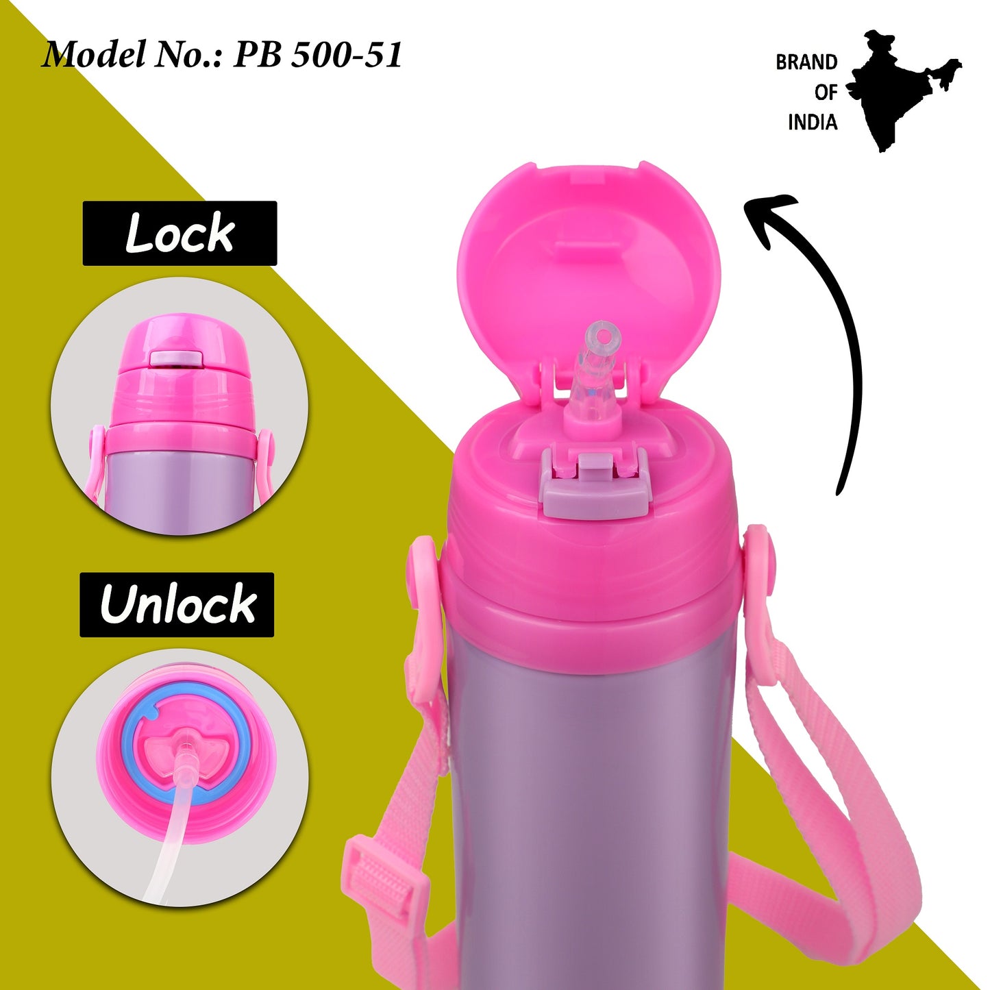 Probott Tom 500ml Hot & Cold Vacuum Insulated Flask Sipper Bottle with Straw & Strap for Kids, Pink