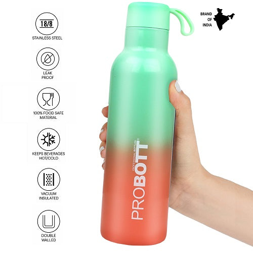 Probott Dream 750ml Stainless Steel Hot and Cold Water Bottle, Vacuum Insulated Flask Bottles, Dual Color Light Green & Orange