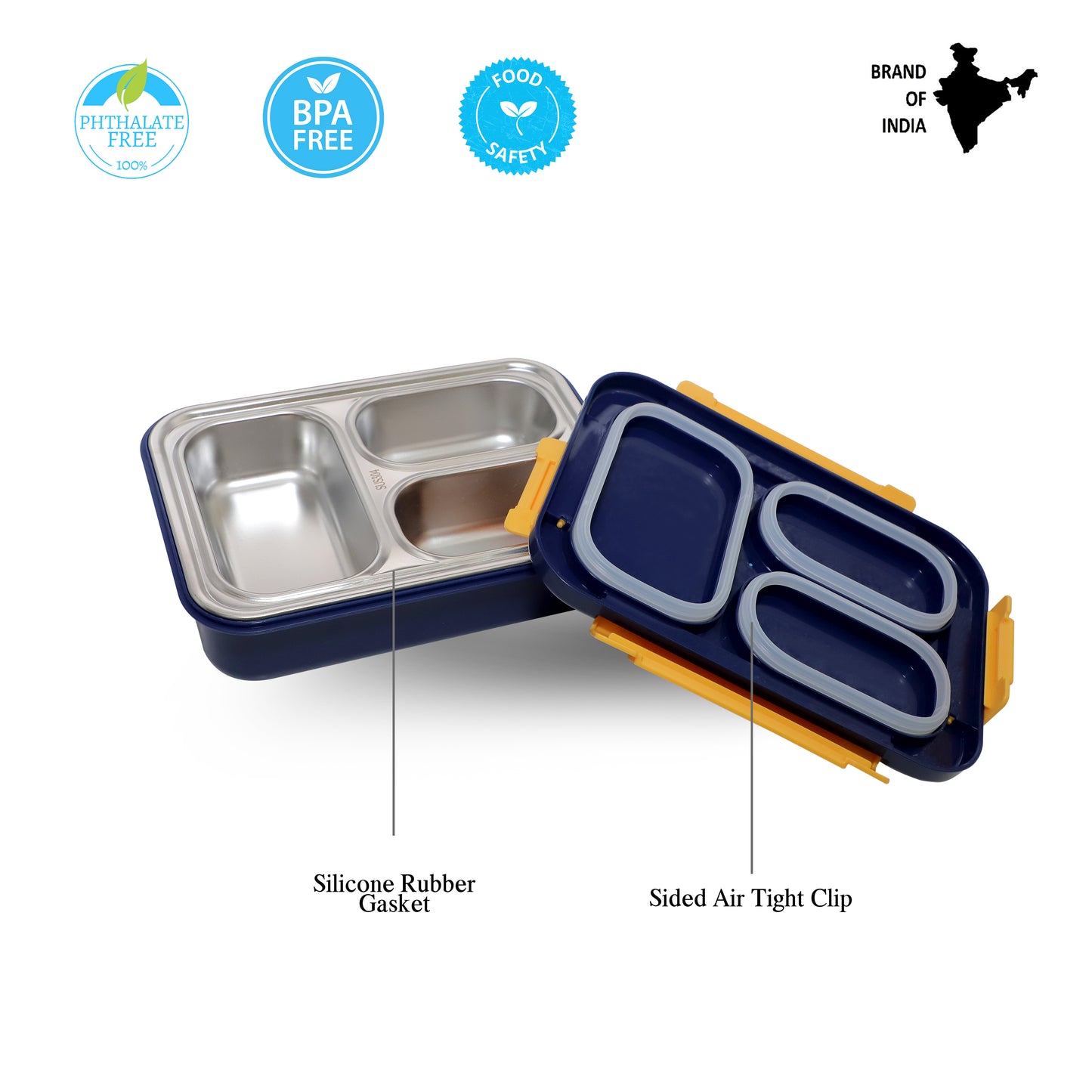 PROBOTT Lunch On 710 ml Stainless Steel Lunch Box, 3 Grid Leak-Proof BPA Free Tiffin Box, Perfect for School, Office, Travel, Picnic | Blue