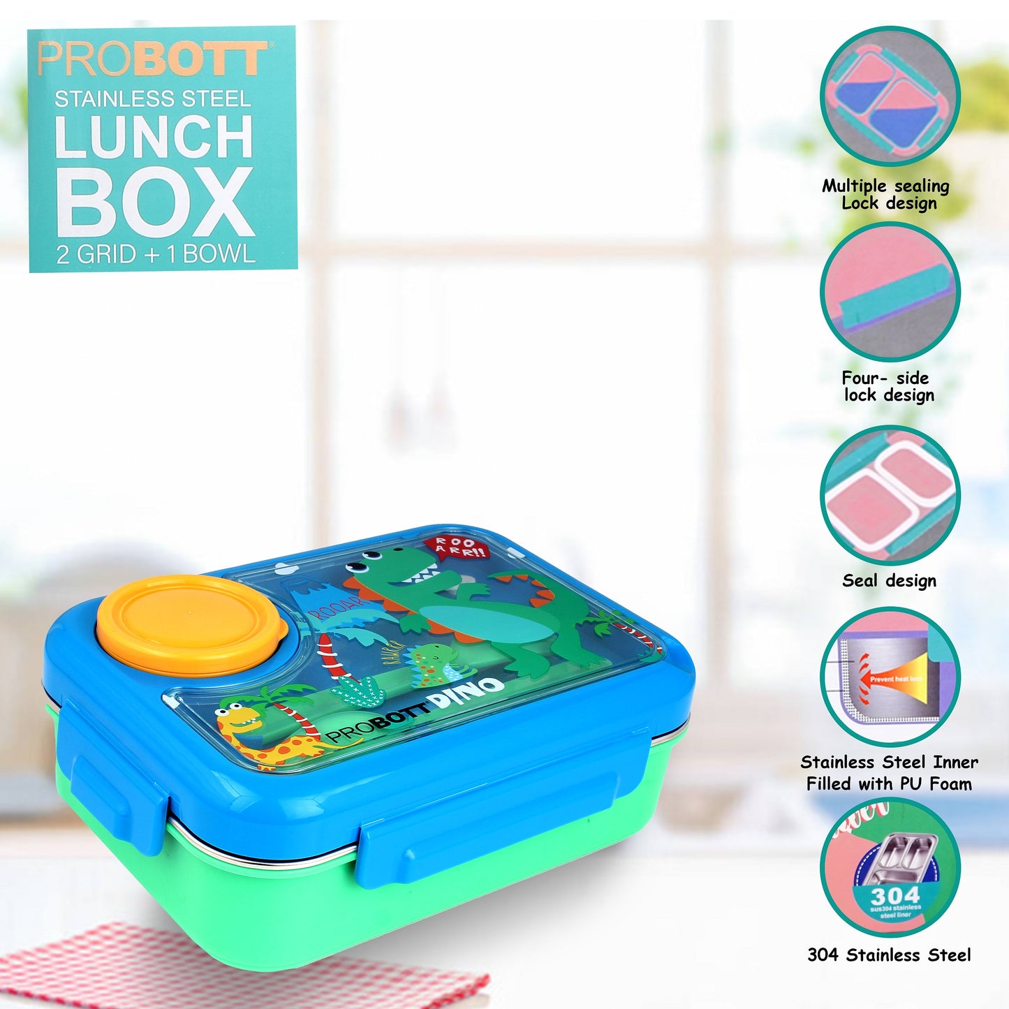 PROBOTT Fun Time 750ml Stainless Steel Lunch Box, 2 Compartment with 1 Bowl & 1 Spoon 1 Fork Tiffin Box, Character Lid | Blue + Green