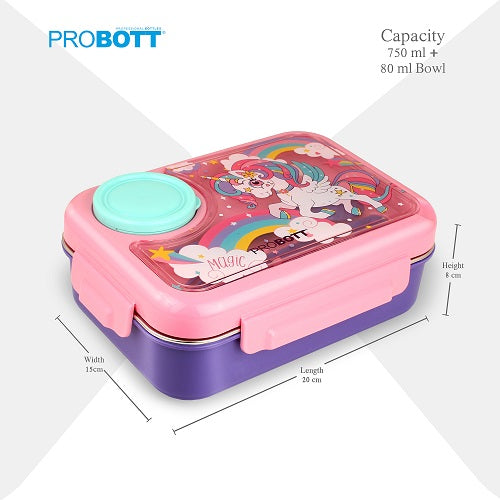 PROBOTT Fun Time 750ml Stainless Steel Lunch Box, 3 Grid with 80ml Bowl, 1 Spoon, 1 Fork Tiffin Box, Character Lid Made with Heavy Quality PP Material Perfect for School, Office Use | Pink + Purple