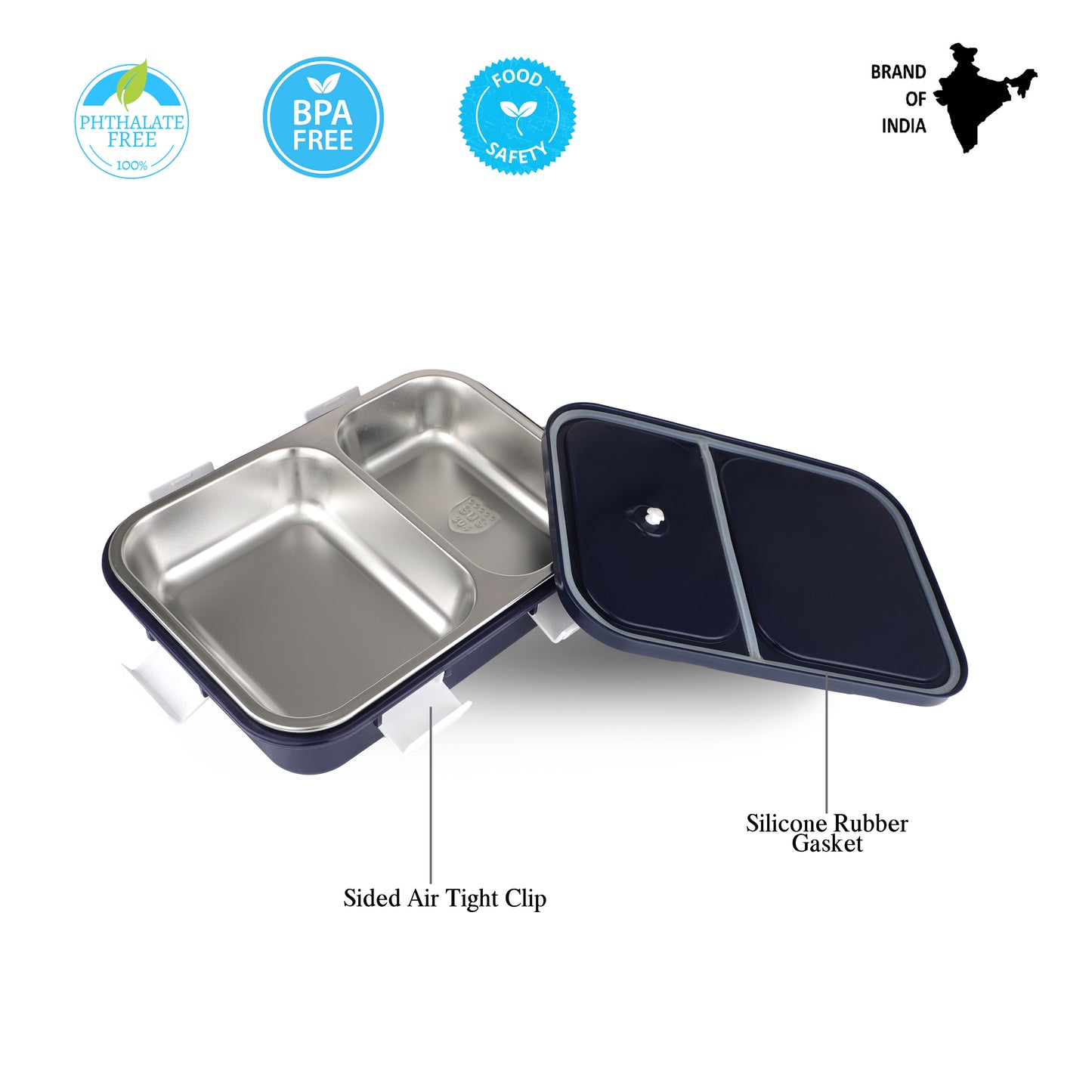 PROBOTT Snaplock 750 ml Stainless Steel Lunch Box, 2 Grid BPA Free Tiffin Box, Perfect for School, Office, Travel, Picnic | Black