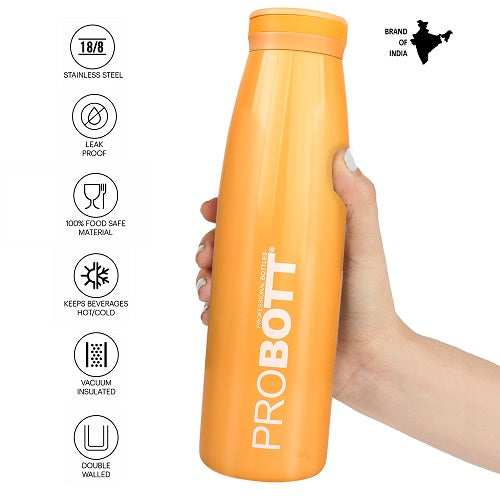 Probott Aquatic 750ml Vacuum Insulated Flask Bottle, Stainless Steel Hot and Cold Water Bottles, Orange