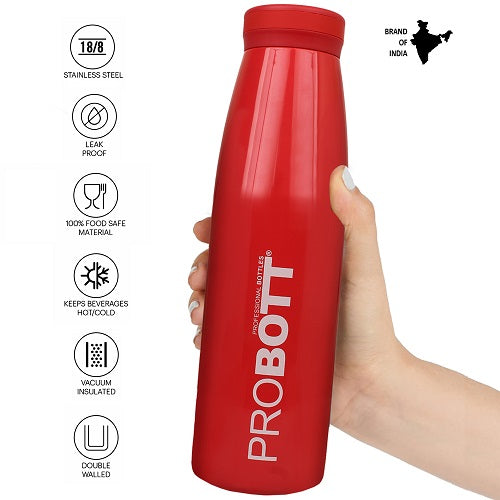 Probott Aquatic 500ml Vacuum Insulated Flask Bottle, Stainless Steel Hot and Cold Water Bottles, Red