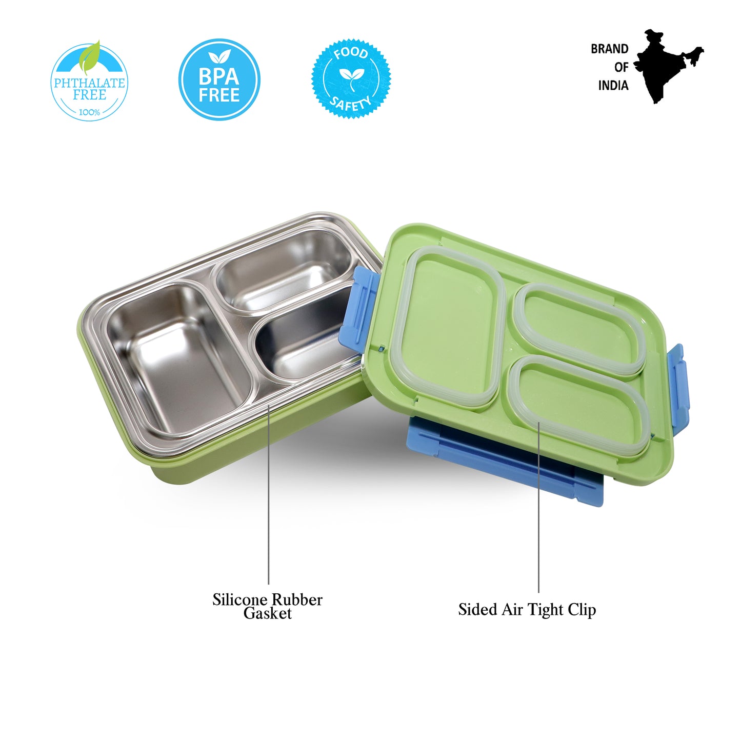 PROBOTT Lunch On 710 ml Stainless Steel Lunch Box, 3 Grid Leak-Proof BPA Free Tiffin Box, Perfect for School, Office, Travel, Picnic | Green