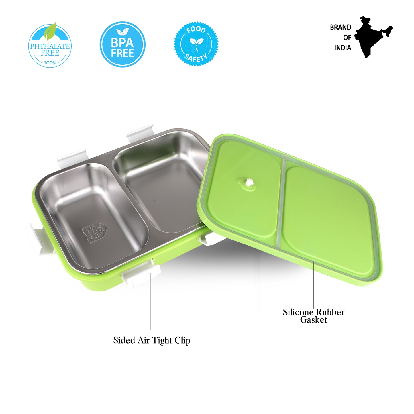 PROBOTT Snaplock 750 ml Stainless Steel Lunch Box, 2 Grid BPA Free Tiffin Box, Perfect for School, Office, Travel, Picnic | Green