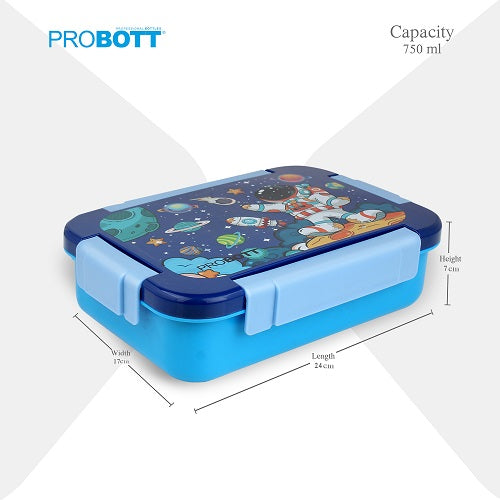 PROBOTT Lunch On 750ml Stainless Steel Lunch Box, 2 Grid Tiffin Box, Character Lid Made with Heavy Quality PP Material Perfect for School, Office Use | Dark Blue+Blue