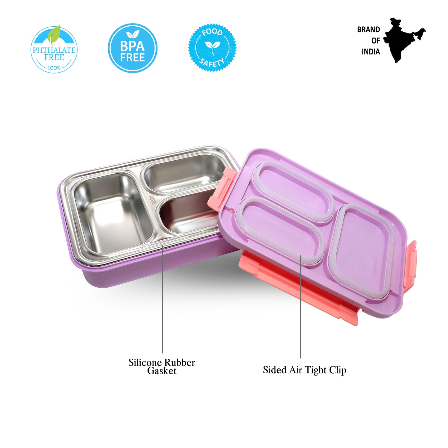 PROBOTT Lunch On 710 ml Stainless Steel Lunch Box, 3 Grid Leak-Proof BPA Free Tiffin Box, Perfect for School, Office, Travel, Picnic | Purple