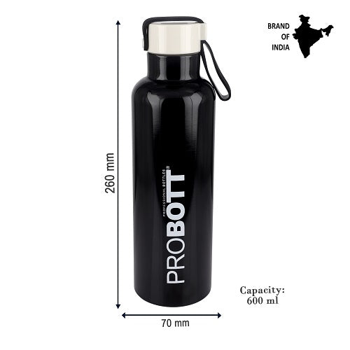 Probott Bang 600ml Thermoses Vacuum Insulated Flask Sports Bottle, Stainless Steel Water Bottles, Black