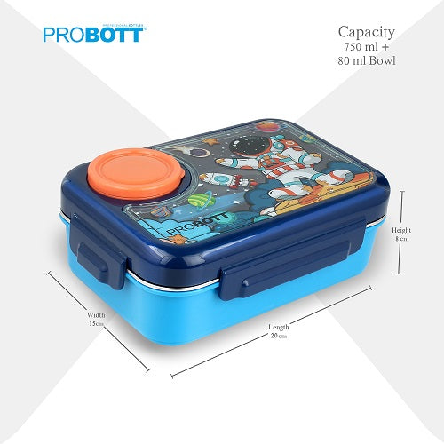 PROBOTT Fun Time 750ml Stainless Steel Lunch Box, 3 Grid with 80ml Bowl, 1 Spoon, 1 Fork Tiffin Box, Character Lid Made with Heavy Quality PP Material Perfect for School, Office Use | Dark Blue + Blue