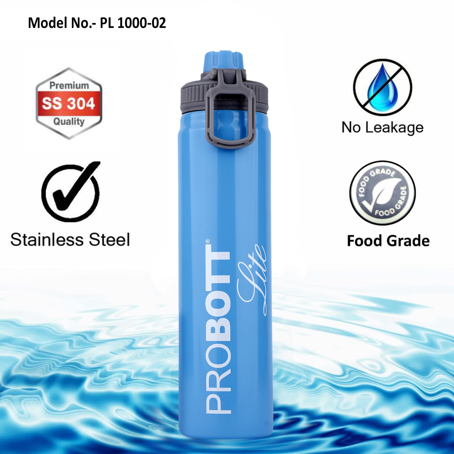 PROBOTT LITE SIP 1000ml Single Walled Stainless Steel Water Bottle, Blue