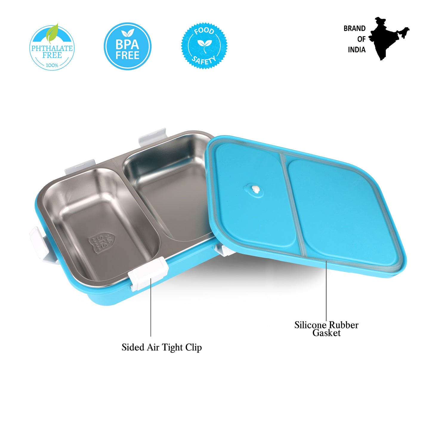 PROBOTT Snaplock 750 ml Stainless Steel Lunch Box, 2 Grid BPA Free Tiffin Box, Perfect for School, Office, Travel, Picnic | Blue