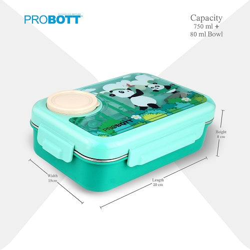 PROBOTT Fun Time 750ml Stainless Steel Lunch Box, 3 Grid with 80ml Bowl, 1Spoon, 1Fork Tiffin Box, Character Lid Made with Heavy Quality PP Material Perfect for School, Office Use | Aqua Blue + Green