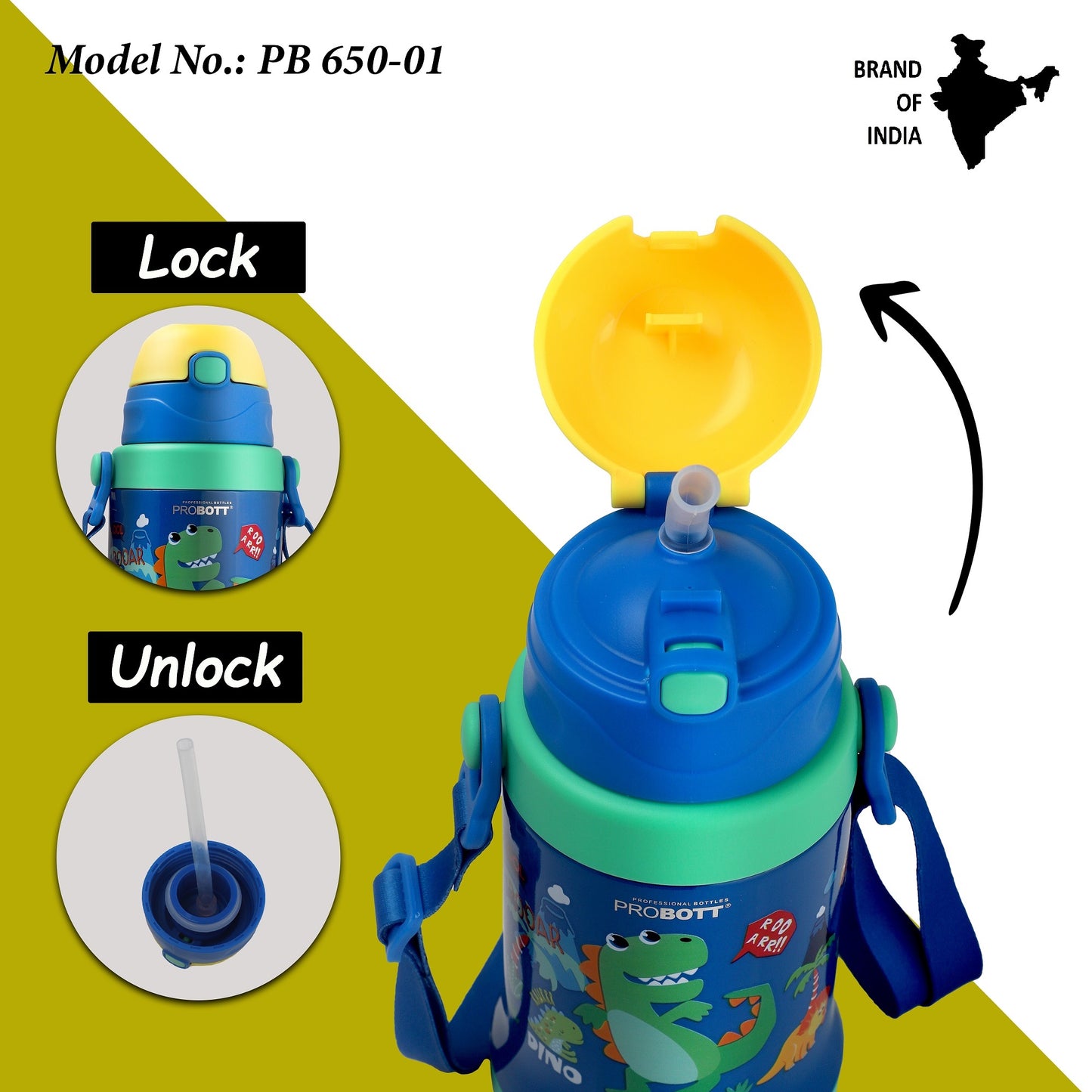 Probott Unicorn Dinosaur 650ml Water Bottle with Straw Sipper Bottle for 4-7 Yrs Kids, Multicolor