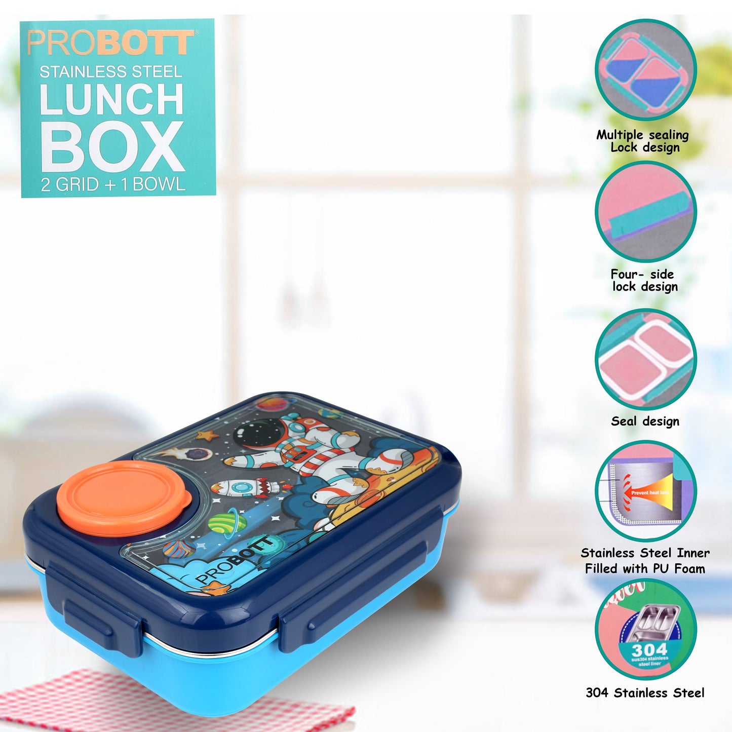 PROBOTT Fun Time 750ml Stainless Steel Lunch Box, 2 Compartment with 1 Bowl & 1 Spoon 1 Fork Tiffin Box, Character Lid | Dark Blue