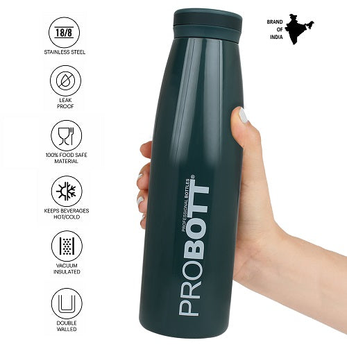 Probott Aquatic 750ml Vacuum Insulated Flask Bottle, Stainless Steel Hot and Cold Water Bottles, Dark Green