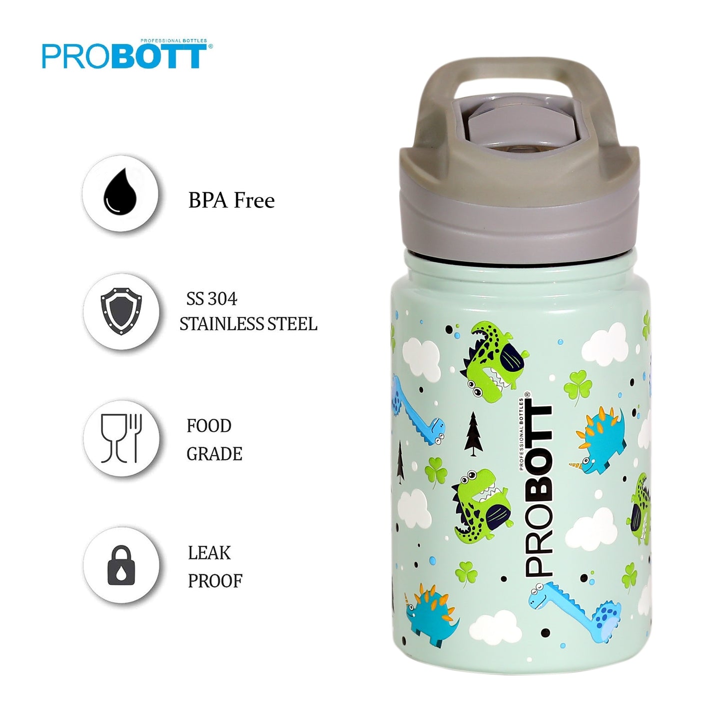 PROBOTT Space 360ml Stainless Steel Double Wall Vacuum Flask for 3-5 Yrs Kids | Hot and Cold Water Bottle with 3D Print, Green | Perfect for Toddlers | Leakproof