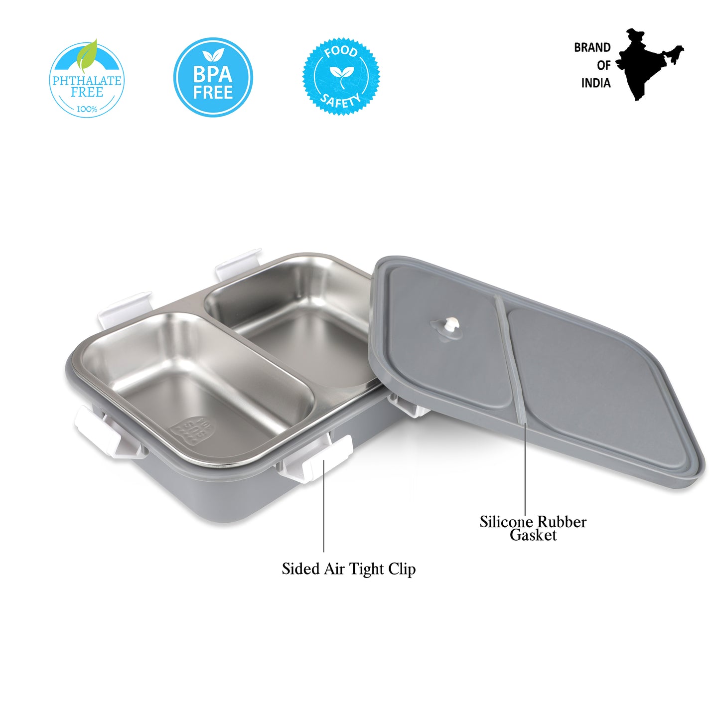 PROBOTT Snaplock 750 ml Stainless Steel Lunch Box, 2 Grid BPA Free Tiffin Box, Perfect for School, Office, Travel, Picnic | Grey