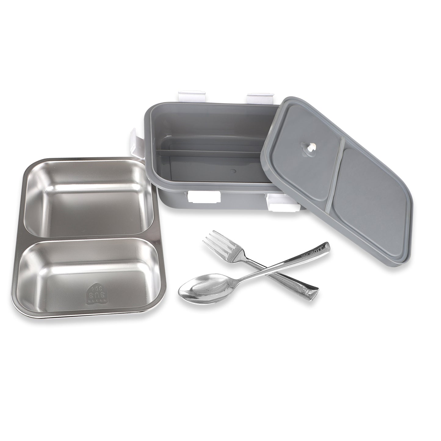 PROBOTT Snaplock 750 ml Stainless Steel Lunch Box, 2 Grid BPA Free Tiffin Box, Perfect for School, Office, Travel, Picnic | Grey