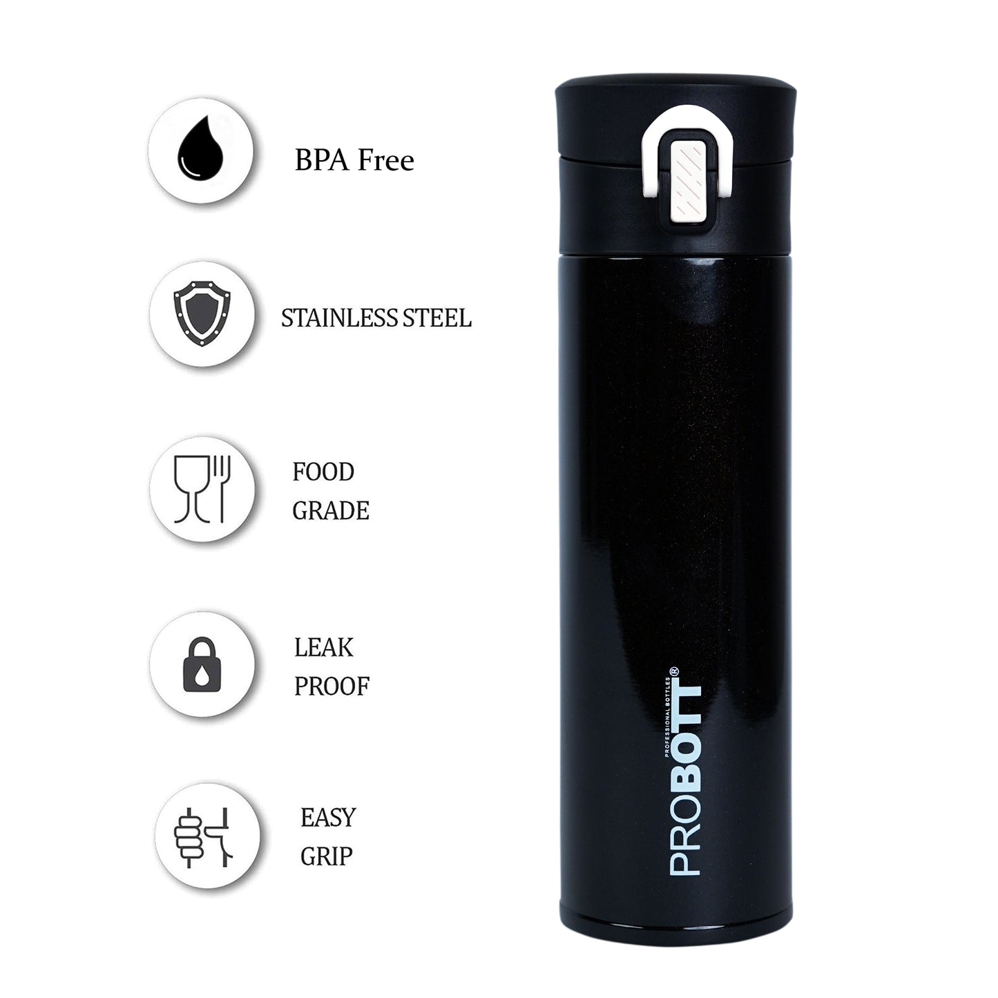 Probott Gliter 300 ml Travel Flask, Black | Thermoses Hot or Cold Vacuum Insulated Stainless Steel | Flip Top Cap