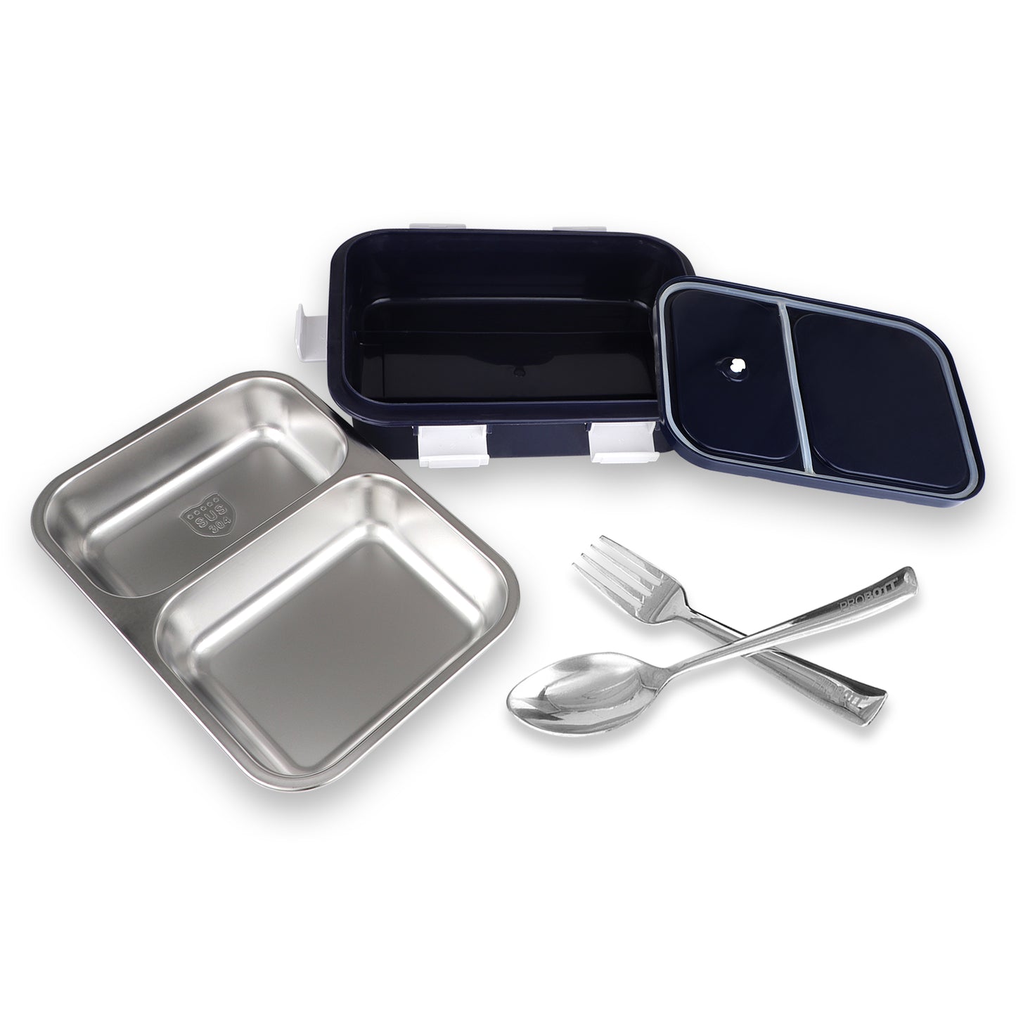 PROBOTT Snaplock 750 ml Stainless Steel Lunch Box, 2 Grid BPA Free Tiffin Box, Perfect for School, Office, Travel, Picnic | Black