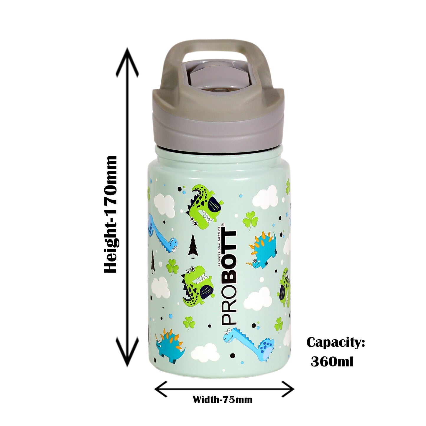 PROBOTT Space 360ml Stainless Steel Double Wall Vacuum Flask for 3-5 Yrs Kids | Hot and Cold Water Bottle with 3D Print, Green | Perfect for Toddlers | Leakproof
