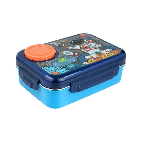 PROBOTT Fun Time 750ml Stainless Steel Lunch Box, 3 Grid with 80ml Bowl, 1 Spoon, 1 Fork Tiffin Box, Character Lid Made with Heavy Quality PP Material Perfect for School, Office Use | Dark Blue + Blue