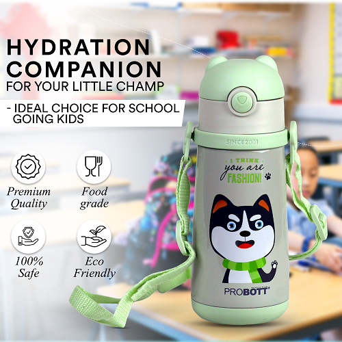 Probott School Champ 370ml Sipper Bottle for Kid with Straw & Strap to Carry, Green | Stainless Steel Hot & Cold Water Bottle for Kids