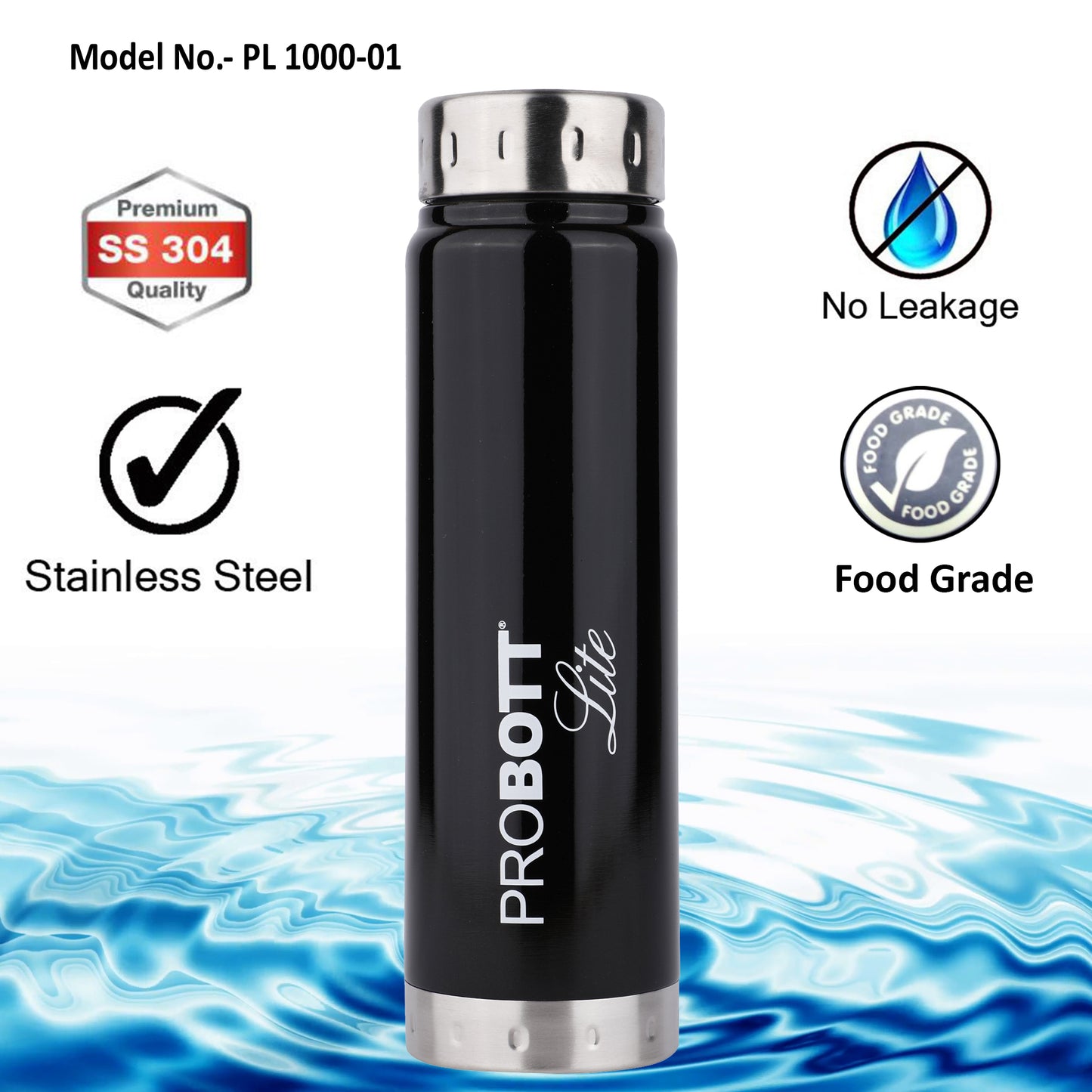 PROBOTT LITE Freeze Single Walled Stainless Steel Water Bottle 1000ml -Black PL 1000-01
