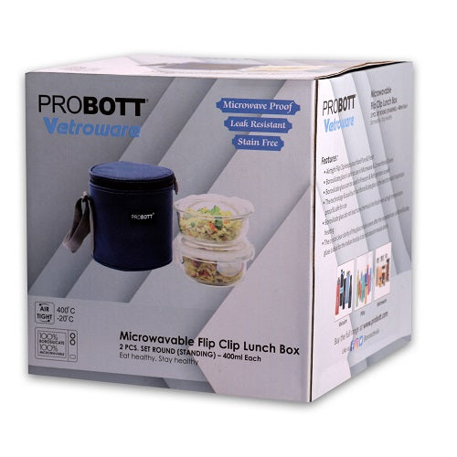 PROBOTT Vetroware Borosilicate Flip Clip Lunch Box Round Shape Set with Standing Bag, 400ml+400ml, 2-Pieces, Transparent PV 222-RS_Grey Bag