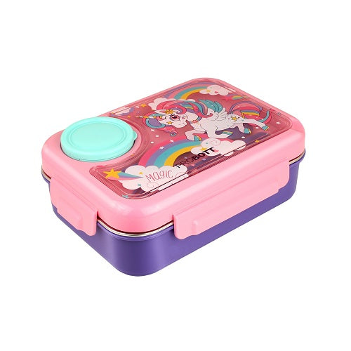 PROBOTT Fun Time 750ml Stainless Steel Lunch Box, 3 Grid with 80ml Bowl, 1 Spoon, 1 Fork Tiffin Box, Character Lid Made with Heavy Quality PP Material Perfect for School, Office Use | Pink + Purple