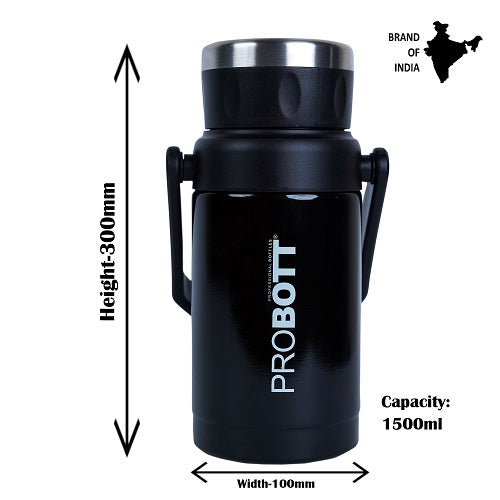 Probott Handy 1500ml Stainless Steel Hot & Cold Water Bottle, Vacuum Insulated Flask Bottles, Black