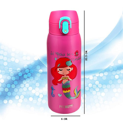 Probott Champ 390ml Thermoses Vacuum Insulated Flask, Stainless Steel Water Bottle for Kids, Pink | One-Click-Open Leak-Proof Locking Flip Lid