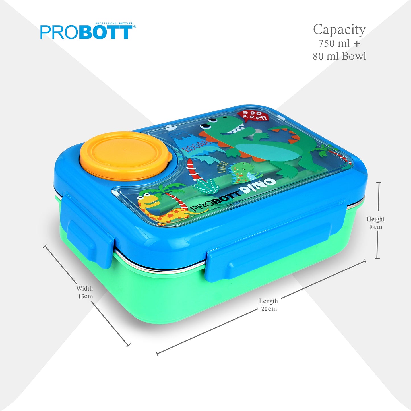 PROBOTT Fun Time 750ml Stainless Steel Lunch Box, 2 Compartment with 1 Bowl & 1 Spoon 1 Fork Tiffin Box, Character Lid | Blue + Green