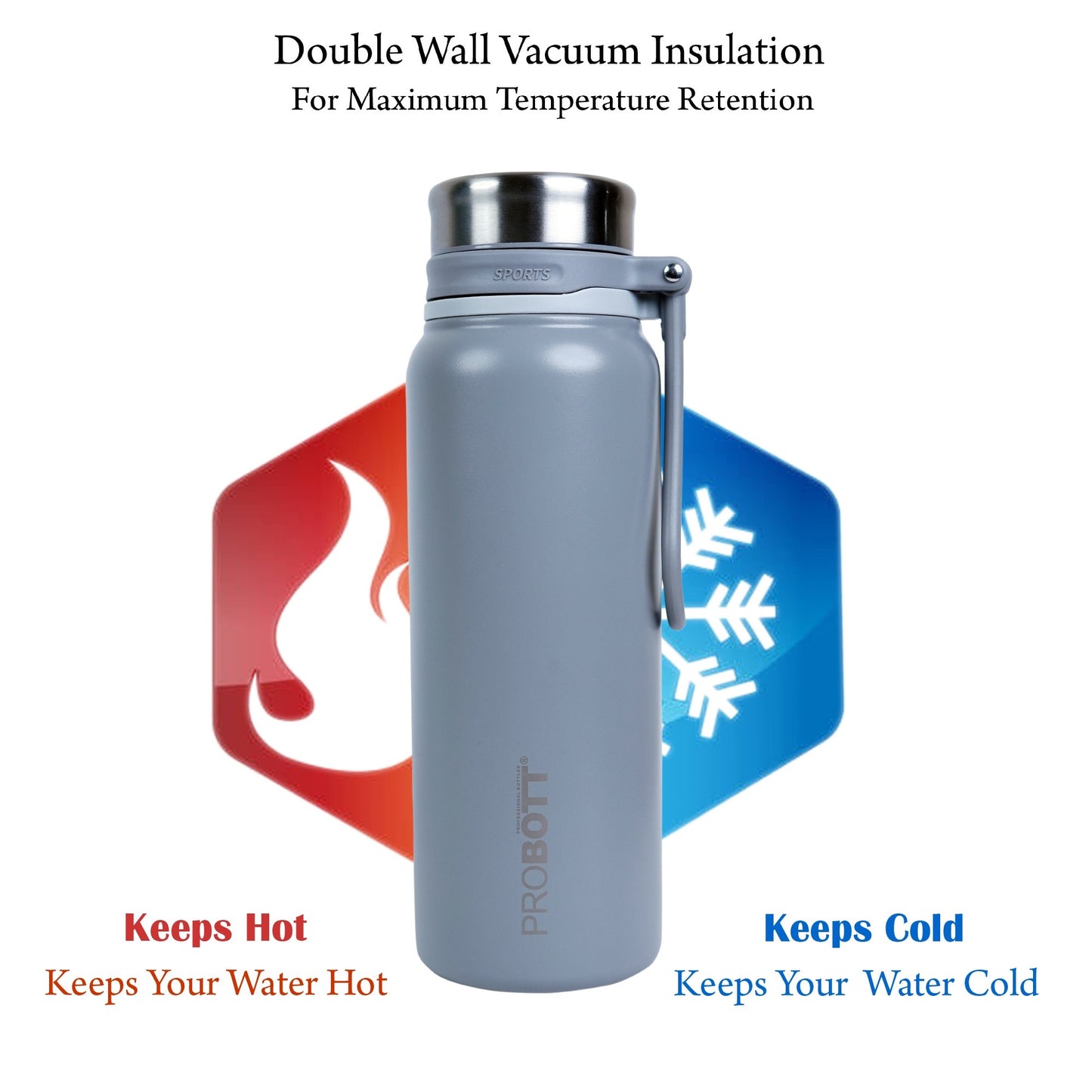 PROBOTT Marine 830ml Stainless Steel Water Bottles, Vacuum Insulated Flask Bottles, Grey | Hot and Cold | Easy to Carry | Leak Proof