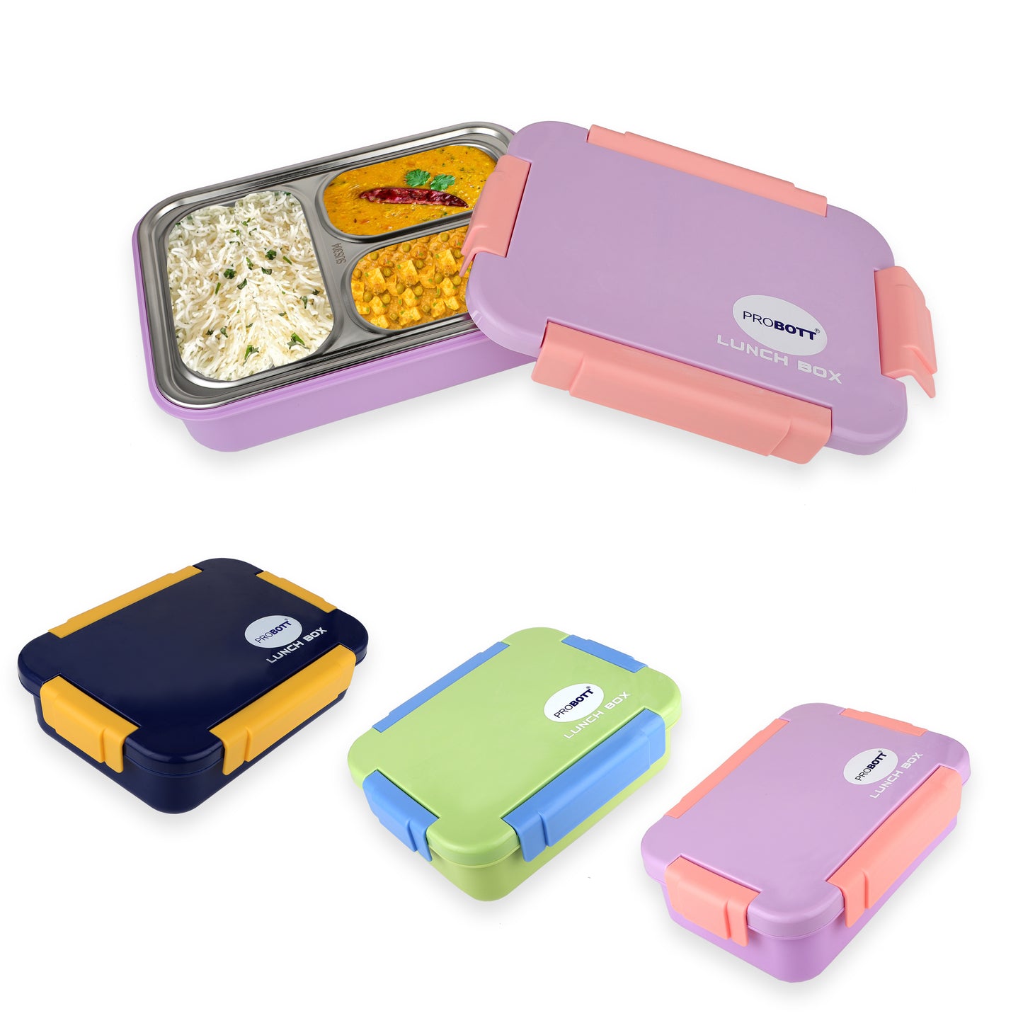PROBOTT Lunch On 710 ml Stainless Steel Lunch Box, 3 Grid Leak-Proof BPA Free Tiffin Box, Perfect for School, Office, Travel, Picnic | Purple
