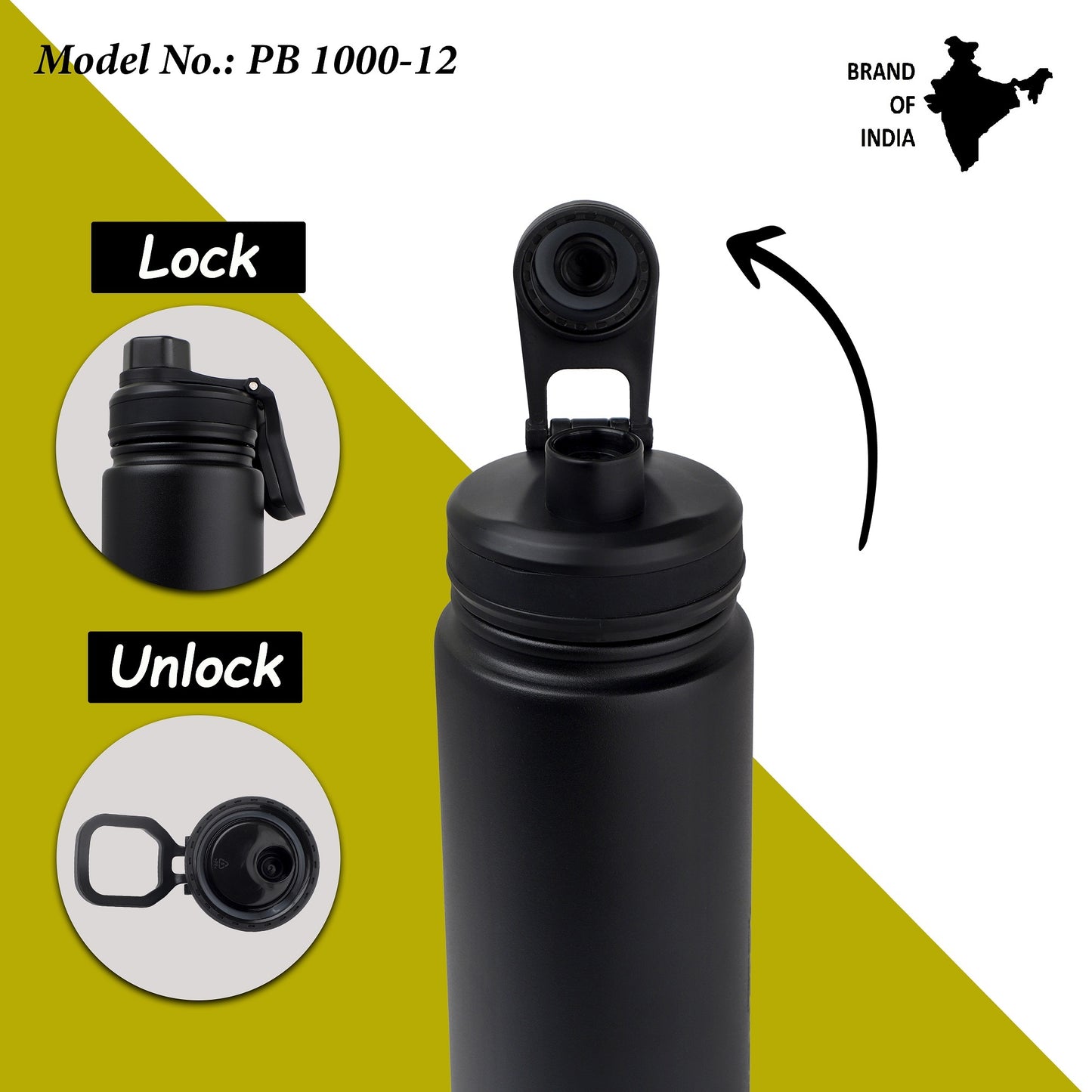 Probott Class 1000ml Thermoses Vacuum Insulated Flask Sipper Bottle, Stainless Steel Water Bottles, Black