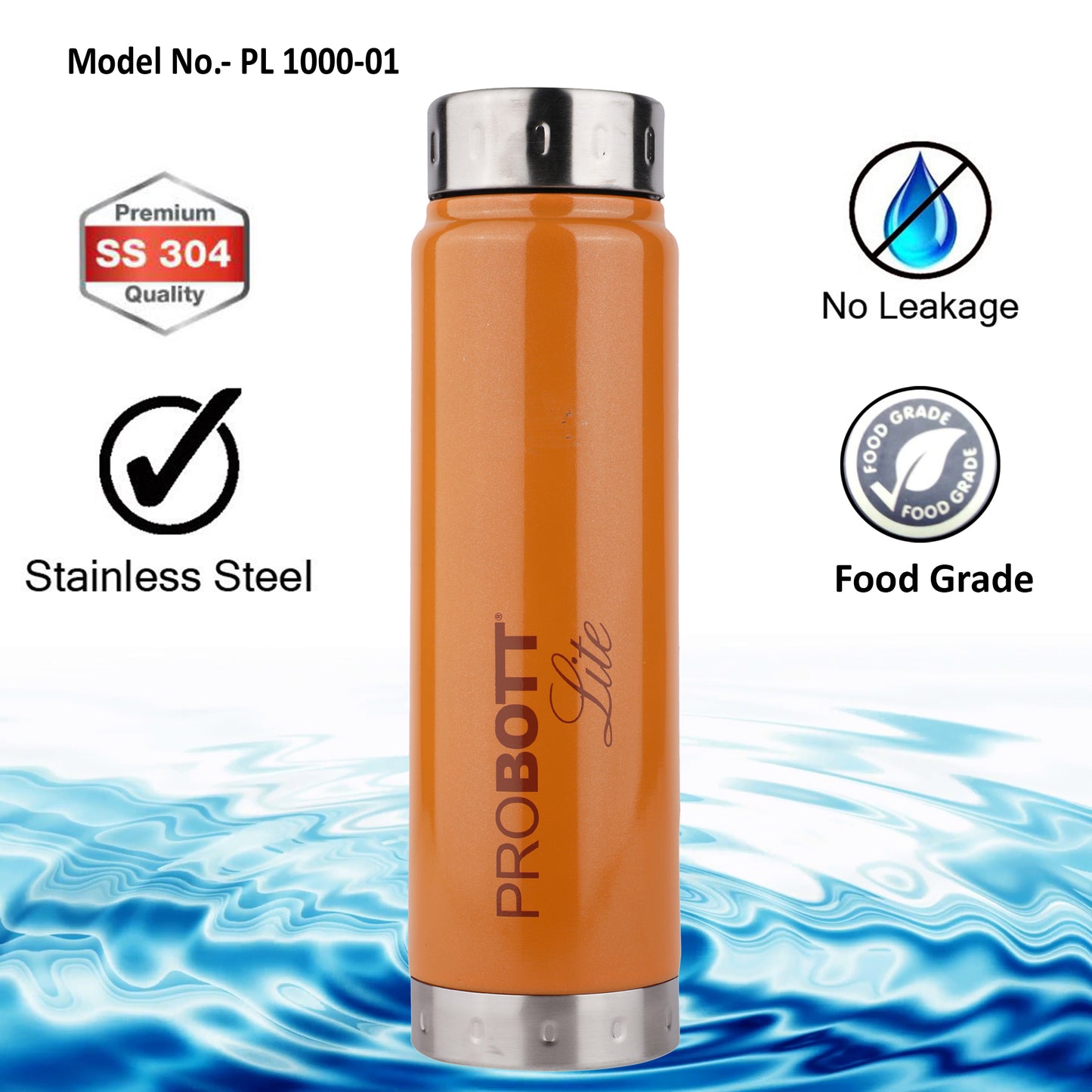 PROBOTT LITE Freeze Single Walled Stainless Steel Water Bottle 1000ml -Orange PL 1000-01