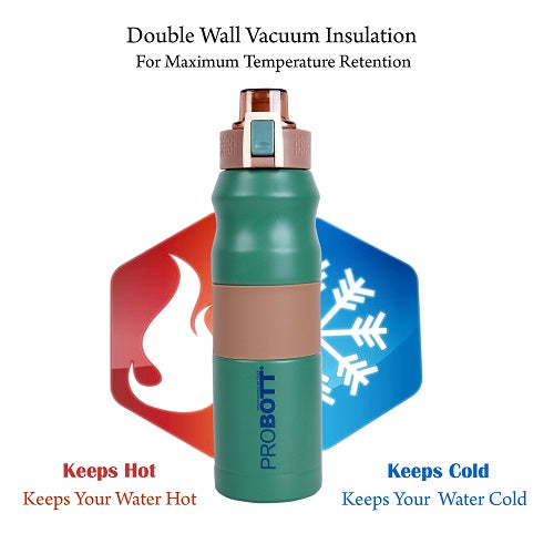 Probott Bloom 680ml Vacuum Insulated Flask Bottle, Stainless Steel Hot and Cold Water Bottles, Green
