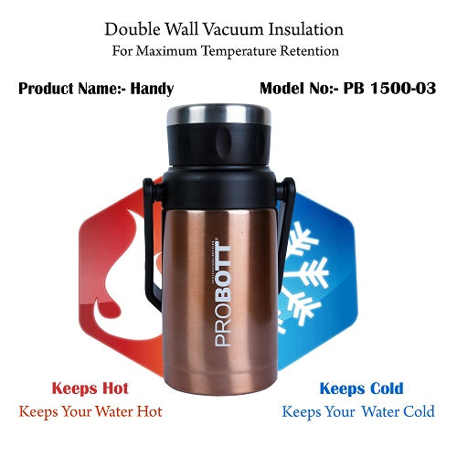 Probott Handy 1500ml Stainless Steel Hot & Cold Water Bottle, Vacuum Insulated Flask Bottles, Gold