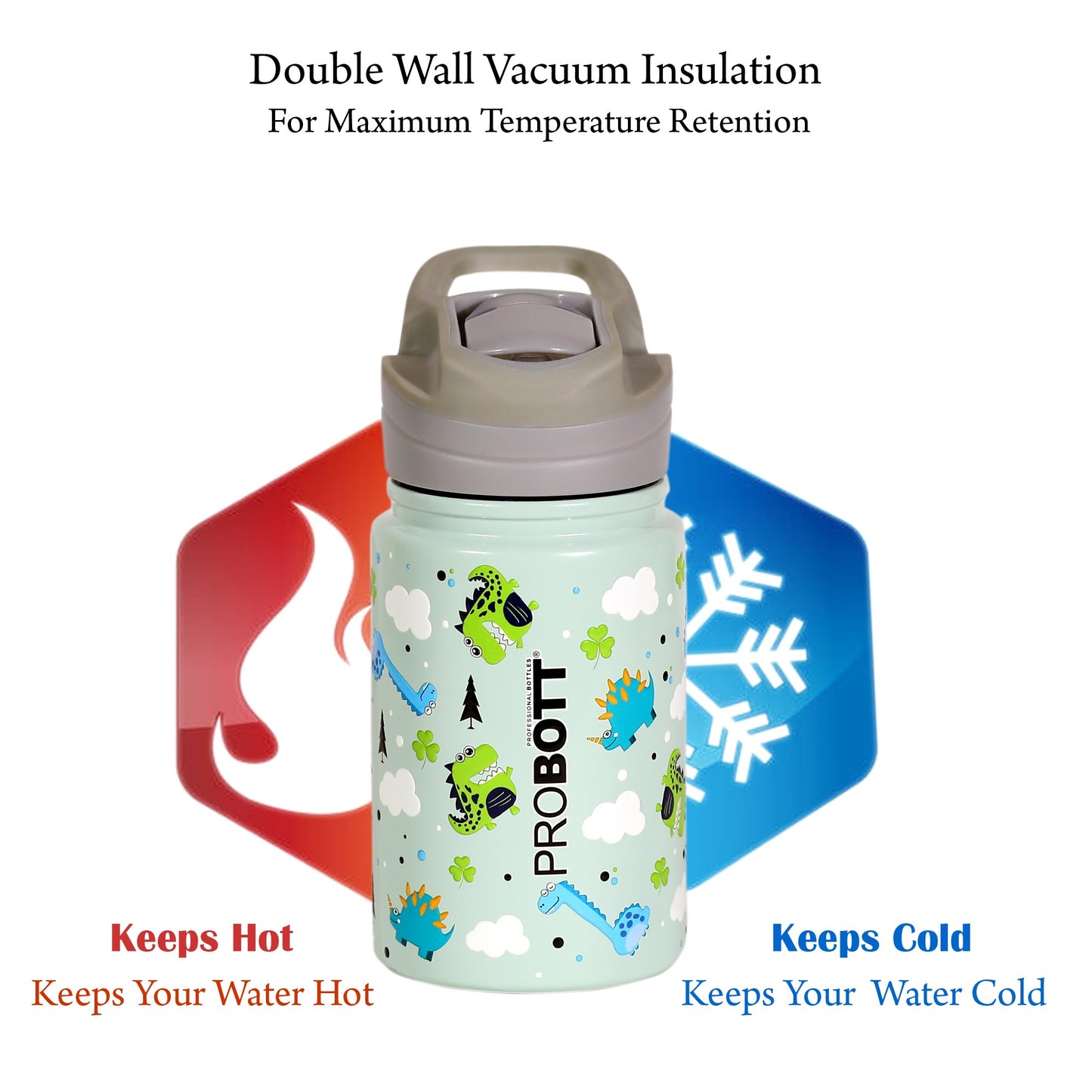 PROBOTT Space 360ml Stainless Steel Double Wall Vacuum Flask for 3-5 Yrs Kids | Hot and Cold Water Bottle with 3D Print, Green | Perfect for Toddlers | Leakproof