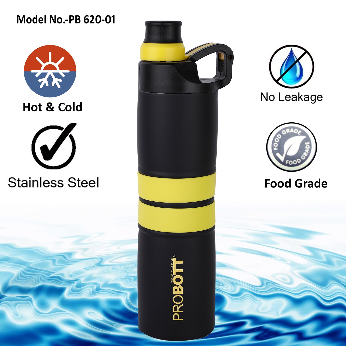 Probott Alpha 620ml Thermoses Vacuum Insulated Flask Sipper Bottle, Stainless Steel Water Bottles, Yellow