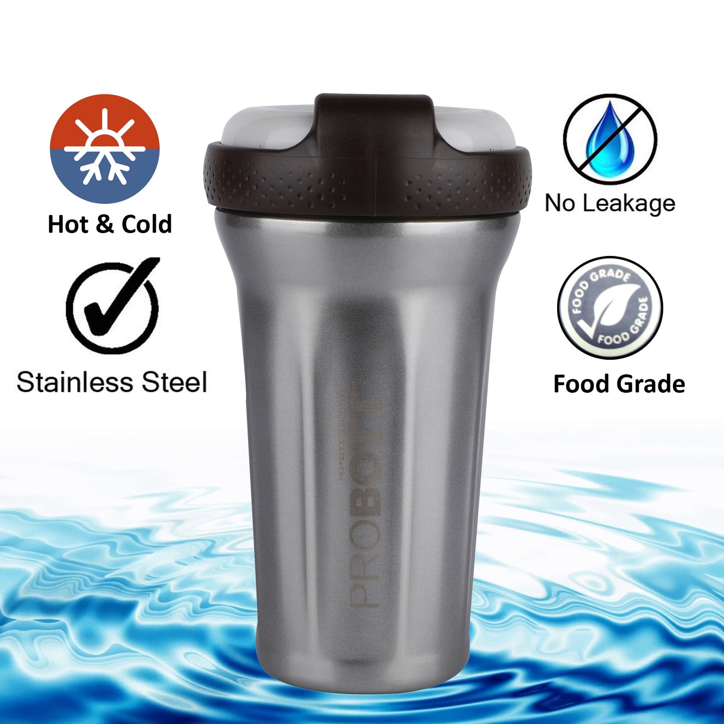 Probott Elegant 500ml Stainless Steel Water Bottle, Vacuum Insulated Flask Bottles, Grey | Hot and Cold | Easy to Carry | Leak Proof