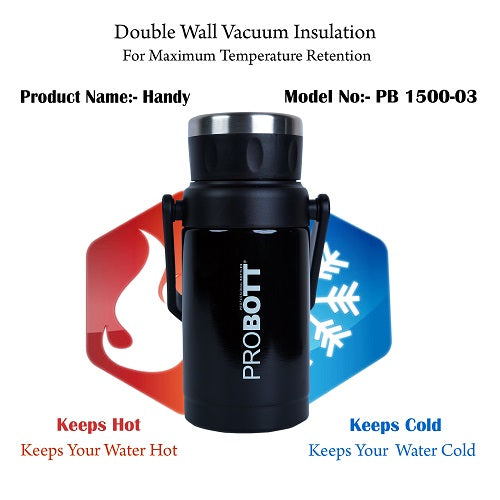 Probott Handy 1500ml Stainless Steel Hot & Cold Water Bottle, Vacuum Insulated Flask Bottles, Black